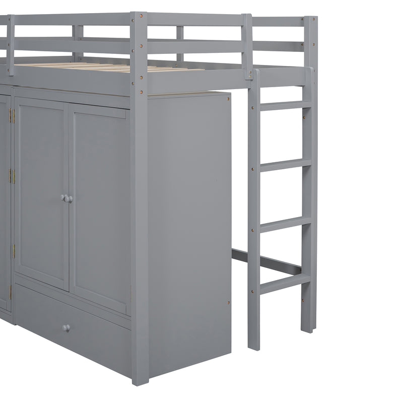 Twin size Loft Bed with Drawer, Two Wardrobes and Mirror, Gray