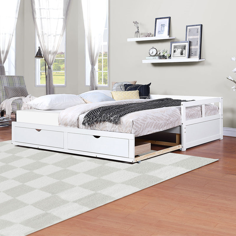 Wooden Daybed With Trundle Bed And Two Storage Drawers, Extendable Bed Daybed, Sofa Bed For Bedroom Living Room