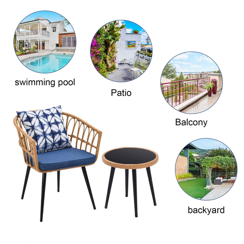 3 Piece Patio Bistro Set With Side Table, Outdoor PE Rattan Conversation Chair Set, Furniture Of Coffee Table With Glass Top, Cushions & Lumbar Pillows For Garden, Backyard, Balcony Or Poolside - Boho Blue