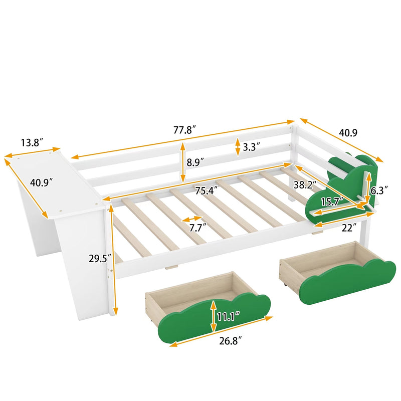 Twin Size Daybed with Desk, Green Leaf Shape Drawers and Shelves, White