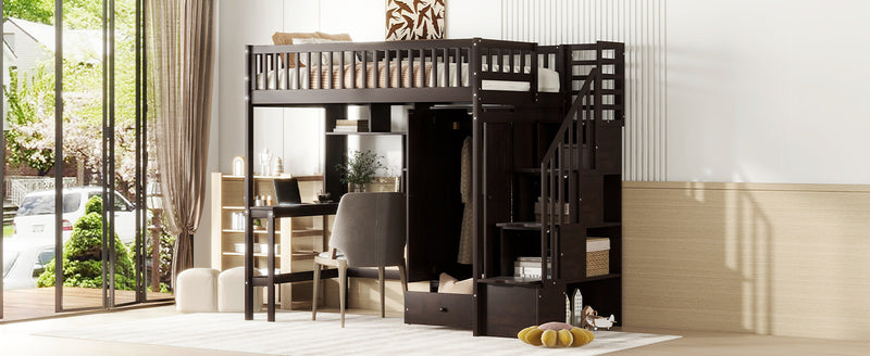 Twin size Loft Bed with Bookshelf,Drawers,Desk,and Wardrobe-Espresso