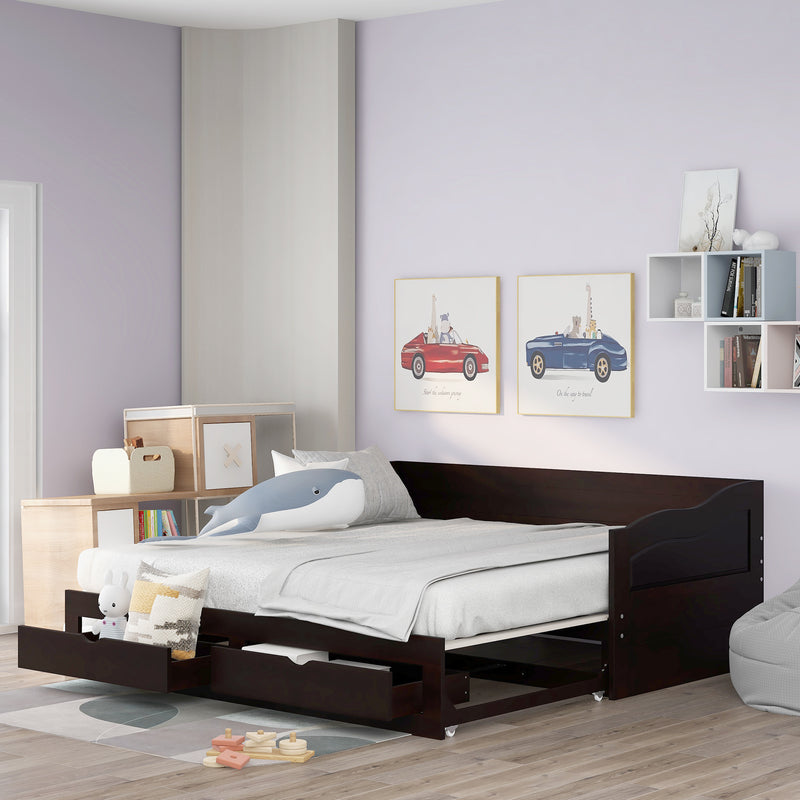 Wooden Daybed with Trundle Bed and Two Storage Drawers , Extendable Bed Daybed,Sofa Bed with Two Drawers, Espresso