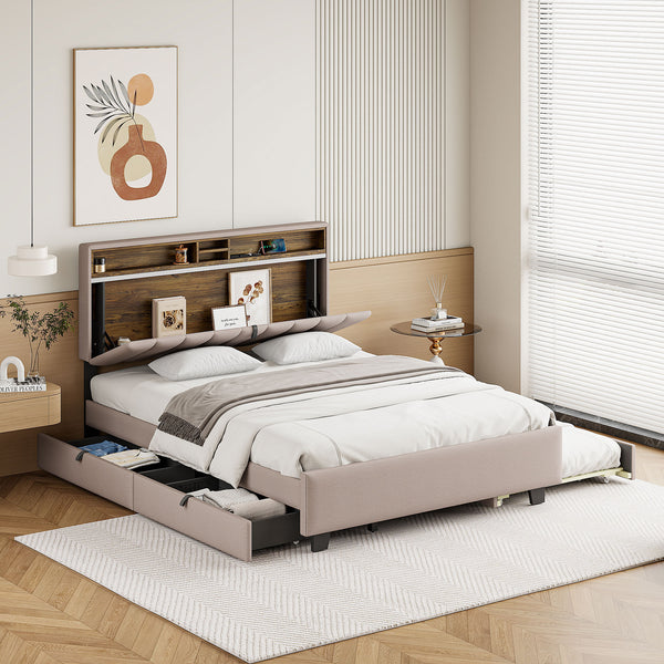 Queen size Upholstered Platform Bed with Storage Headboard, Twin XL Size Trundle & 2 drawers and a set of Sockets & USB Ports, Linen Fabric, Beige