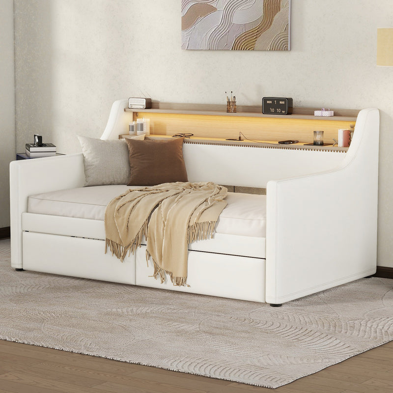 Twin Size Daybed with Storage Drawers, Upholstered Daybed with Charging Station and LED Lights, White(Expect arrival date May, 9th