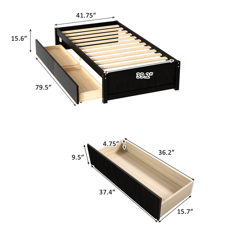 Twin Bed with 2 Drawers, Solid Wood, No Box Spring Needed ,Espresso(New SKU:W504P149043)