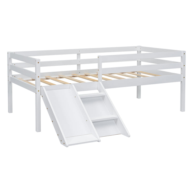 Twin Low Loft Bed with Slide,  Ladder, Safety Guardrails, No Box Spring Needed,White