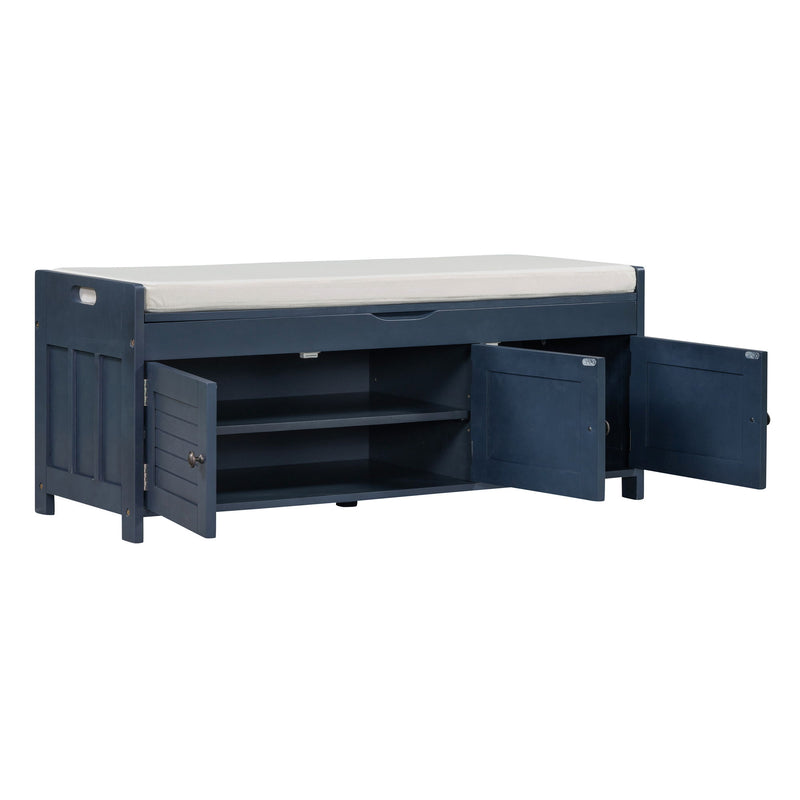 Storage Bench With 3 Shutter-Shaped Doors, Shoe Bench With Removable Cushion And Hidden Storage Space