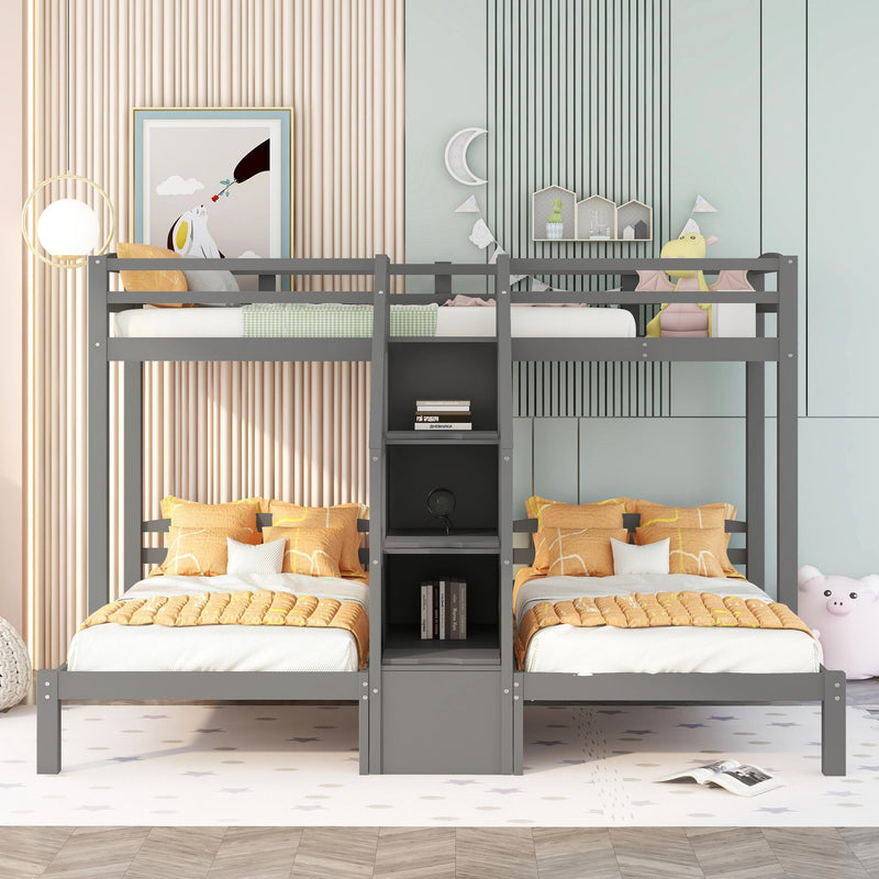 Twin over Twin & Twin Bunk Bed with Built-in Staircase and Storage Drawer,Gray