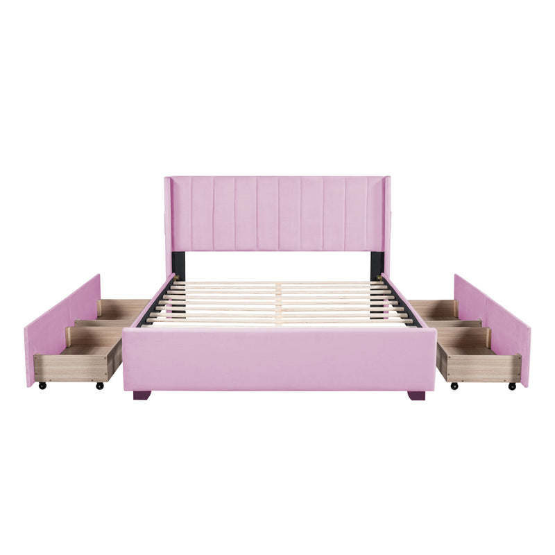 Queen Size Upholstered Bed with 4 Drawers, Pink