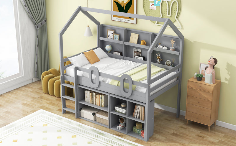 Twin Size House Loft Bed with Multiple Storage Shelves, Grey