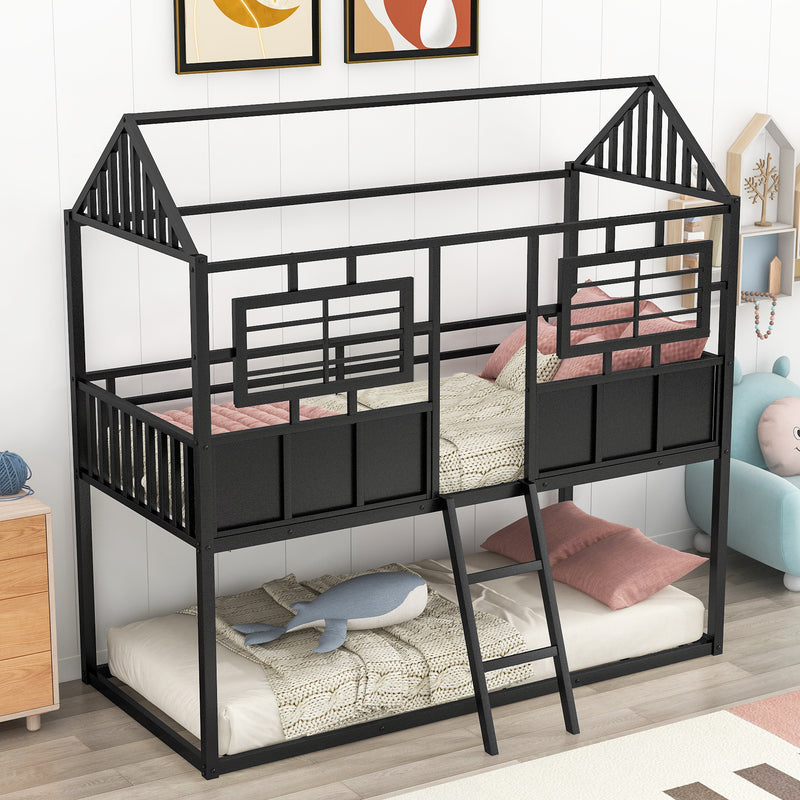 Twin over Twin Size Metal Low Bunk Beds with Roof and Fence-shaped Guardrail, Black