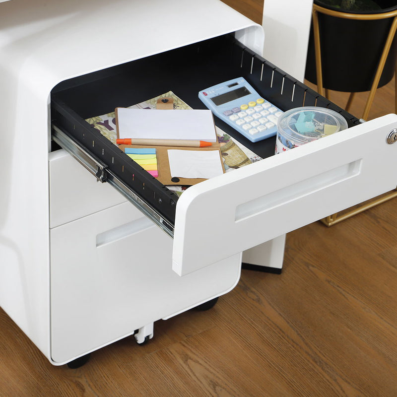 3 Drawer Mobile File Cabinet Under Desk Office, Simple Style Versatile Storage Cabinet For Legal / Letter / A4 Files, 5 Wheel Design Anti-Tilting Cold Rolled Steel Waterproof Moisture-Proof