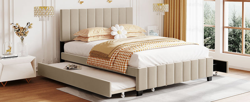 Queen Size Velvet Upholstered Platform Bed with 2 Drawers and 1 Twin XL Trundle- Beige