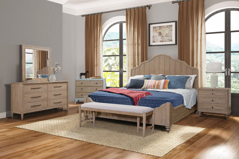 Queen Panel Bedroom Set With 3 Drawer Nightstand, Casual Dresser, Cane Mirror, 3 Drawer Cane Front Chest And Bench - Sand