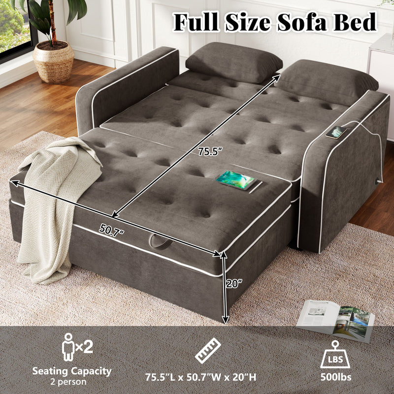 Upholstered Sleeper Bed, Pull Out Sofa Bed Couch Attached Two Throw Pillows, Dual USB Charging Port And Adjustable Backrest