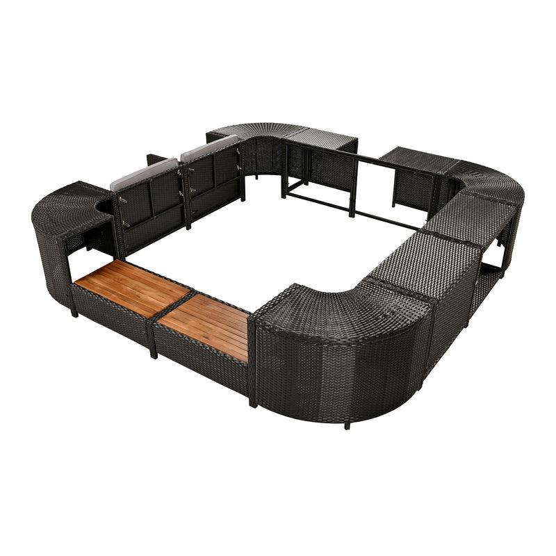 Spa Surround Spa Frame Quadrilateral Outdoor Rattan Sectional Sofa Set With Mini Sofa, Wooden Seats And Storage Spaces