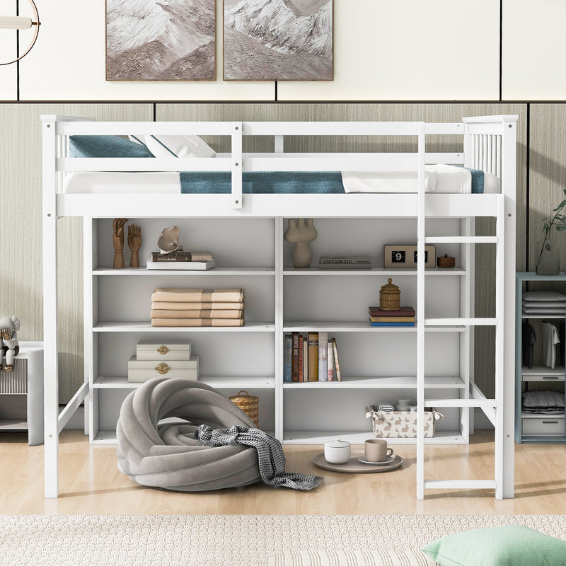 Twin Size Loft Bed with 8 Open Storage Shelves and Built-in Ladder, White