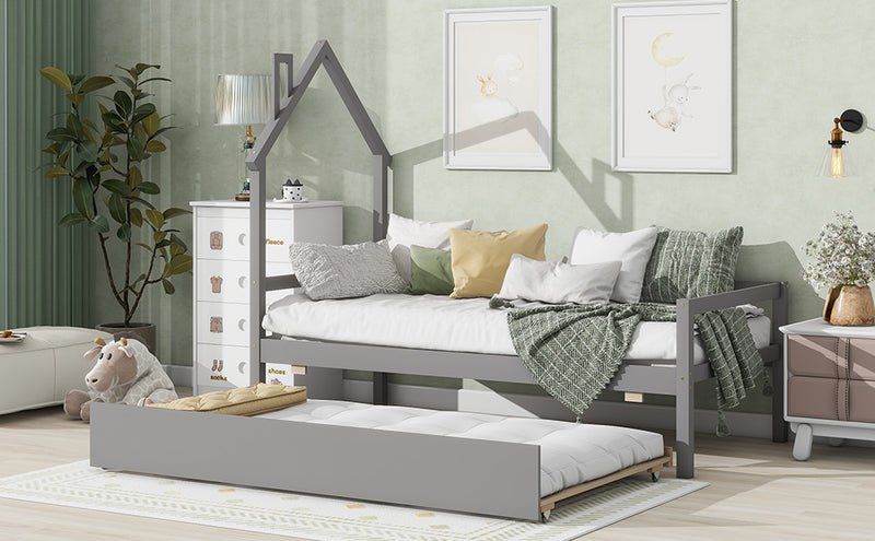 Twin House Wooden Daybed with trundle, Twin House-Shaped Headboard  bed with Guardrails,Grey