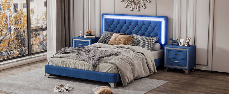 Queen Size Upholstered Bed Frame with LED Lights,Modern Velvet Platform Bed with Tufted Headboard,Blue