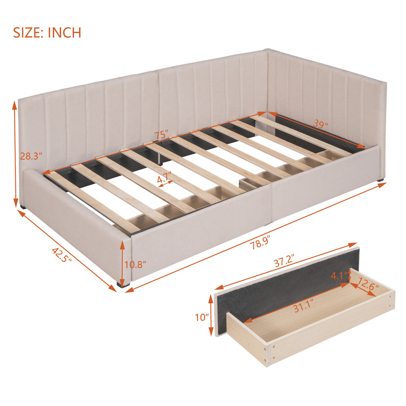 Upholstered Daybed with 2 Storage Drawers Twin Size Sofa Bed Frame No Box Spring Needed, Linen Fabric (Beige)