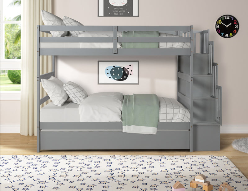 Twin Over Twin Bunk Beds With Twin Trundle And Stairway Storage Function