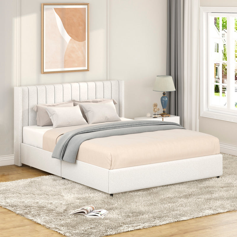 Anda Queen Size Ivory Boucle Upholstered Platform Bed with Patented 4 Drawers Storage, Tufted Headboard, Wooden Slat Mattress Support, No Box Spring Needed.