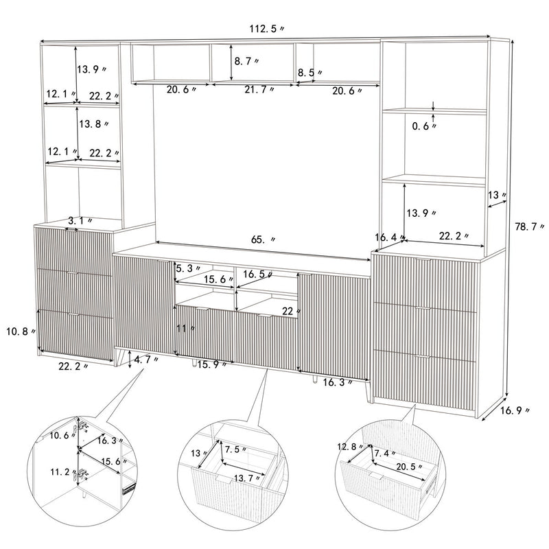 4 Piece Entertainment Wall Unit With 13 Shelves, 8 Drawers And 2 Cabinets, Multifunctional TV Stand Media Storage Cabinet With Fluted Line Surface For Living Room, For TVs Up To 70"