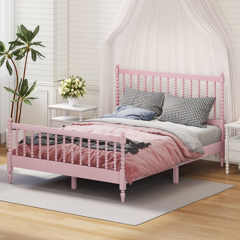 Queen Size Wood Platform Bed with Gourd Shaped Headboard and Footboard,Pink