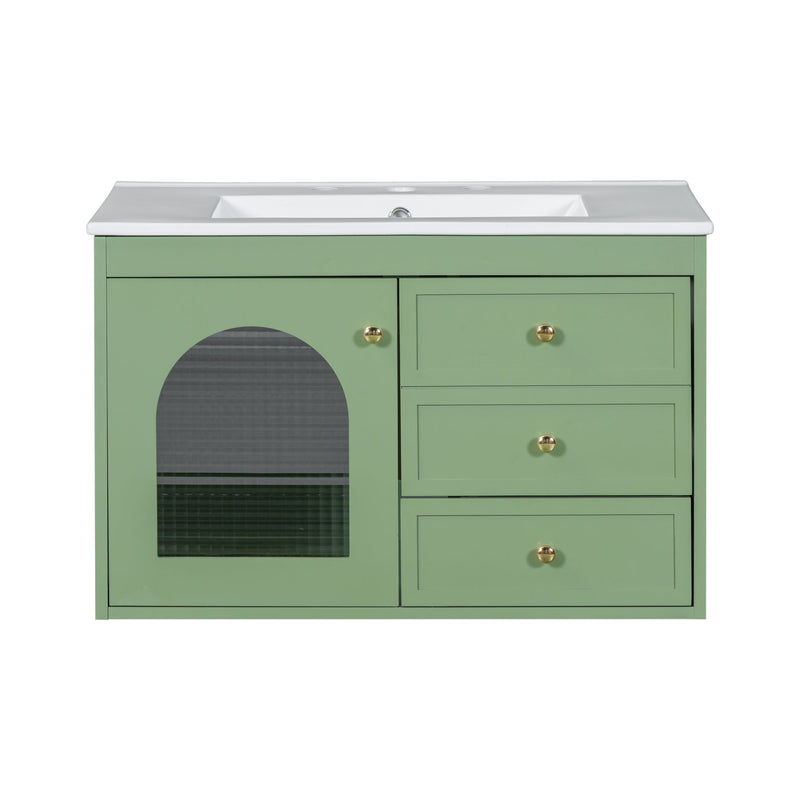 Elegant Floating Bathroom Vanity Sink And Cabinet Combo 1 Door And 2 Drawers - Green