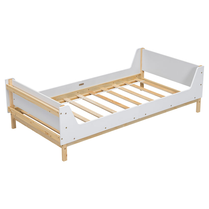 Twin Bed with Headboard, Footboard, Safeguards,  Built-in Bed-end Book Storage Rack ,White