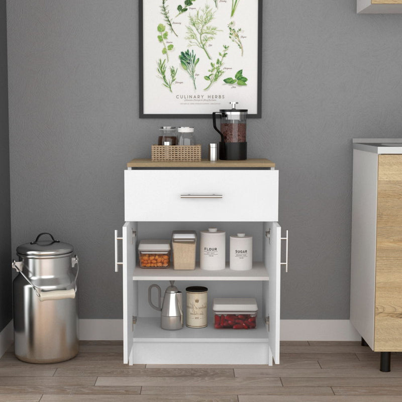 Pantry Organizer Cabinet One Drawer, Two Interior Shelves, Two Doors - White / Light Oak