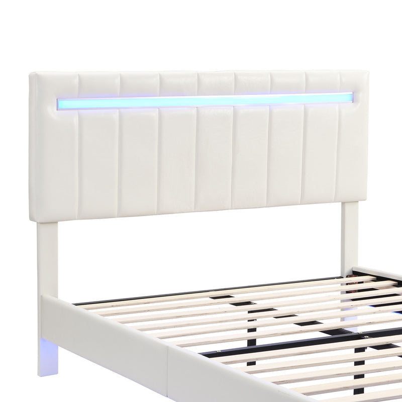 Queen Size Floating Bed Frame With LED Lights And USB Charging, Modern Upholstered Platform LED Bed Frame - White