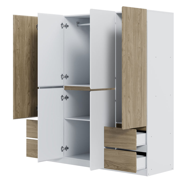 6 Doors Wardrobe Storage For Bedroom, With 4 Drawers - White / Nature