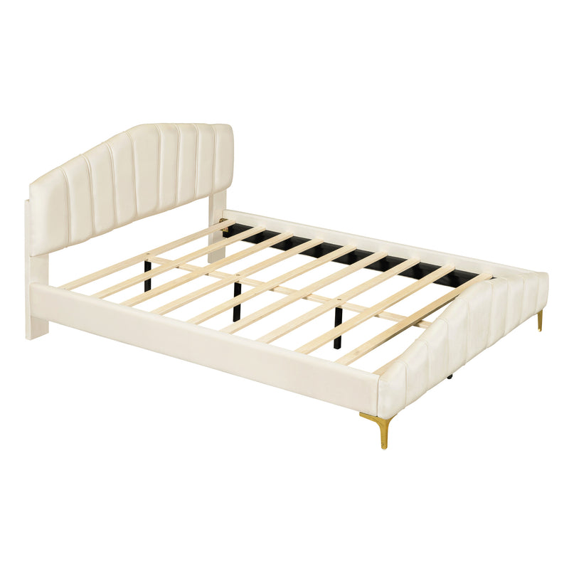 Queen Size Velvet Platform Bed with Thick Fabric, Stylish Stripe Decorated Bedboard and Elegant Metal Bed Leg, Beige