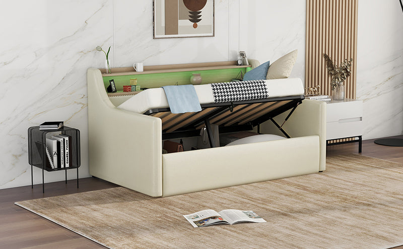 Twin Size Daybed with Hydraulic Storage, Upholstered Daybed with Lift Up Storage, Twin Leather Daybed with Charging Station and LED Lights,Beige