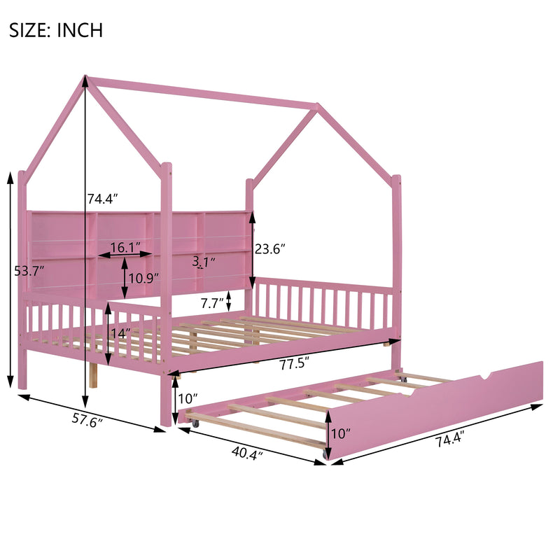 Wooden Full Size House Bed with Trundle,Kids Bed with Shelf,Pink