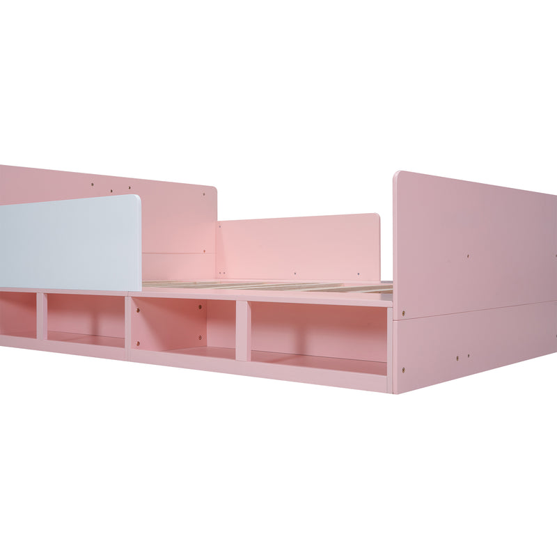 Wood Full Size Platform Bed with Storage Headboard, Guardrails and 4 Underneath Cabinets, Pink