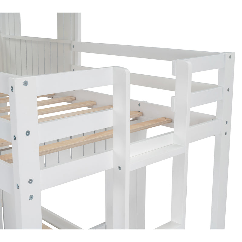 Wooden Twin Over Full Bunk Bed, Loft Bed with Playhouse, Farmhouse, Ladder and Guardrails, White( old sku: LT000027AAK )