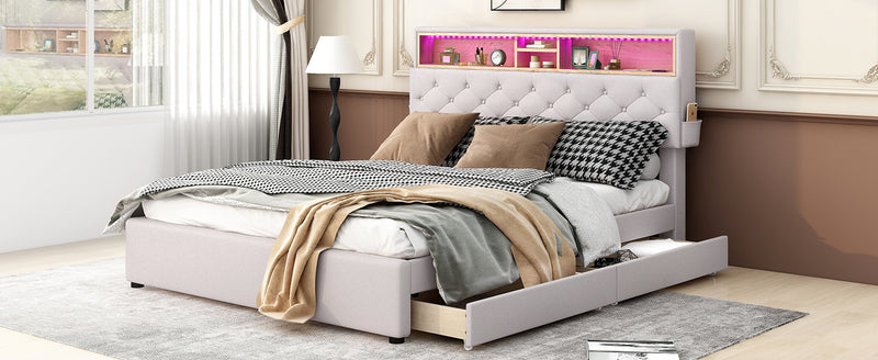 Queen Size Upholstered Platform Bed with Storage Headboard, LED, USB Charging and 2 Drawers, Beige