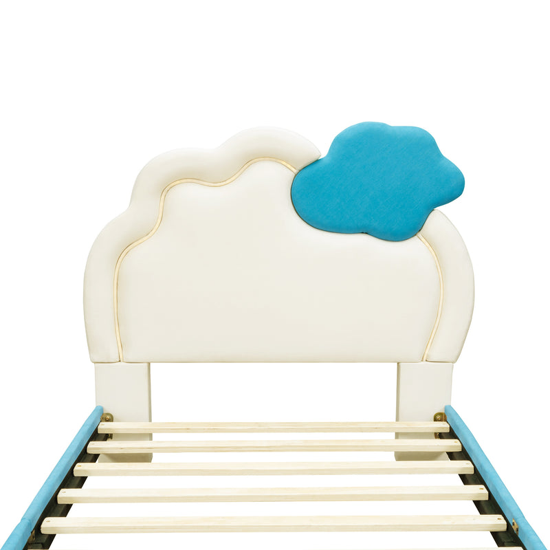 Twin Size Upholstered Platform Bed with Cloud-Shaped Headboard and Embedded Light Stripe, Velvet, Blue