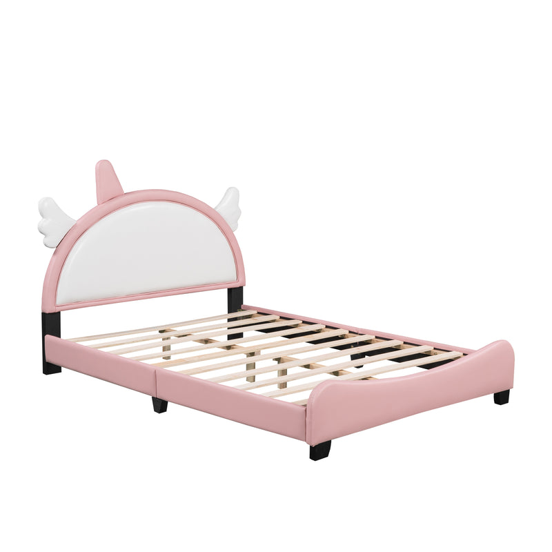 Cute Full size Upholstered Bed With Unicorn Shape Headboard,Full Size Platform Bed with Headboard and Footboard,White+Pink