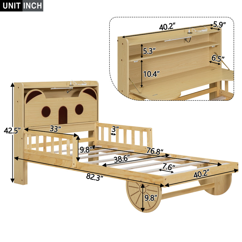 Twin Size Car Bed with Bear-Shaped Headboard, USB and LED, Natural