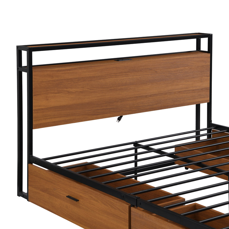 Queen Size Metal Platform Bed Frame with Four Drawers,Sockets and USB Ports ,Slat Support No Box Spring Needed Black