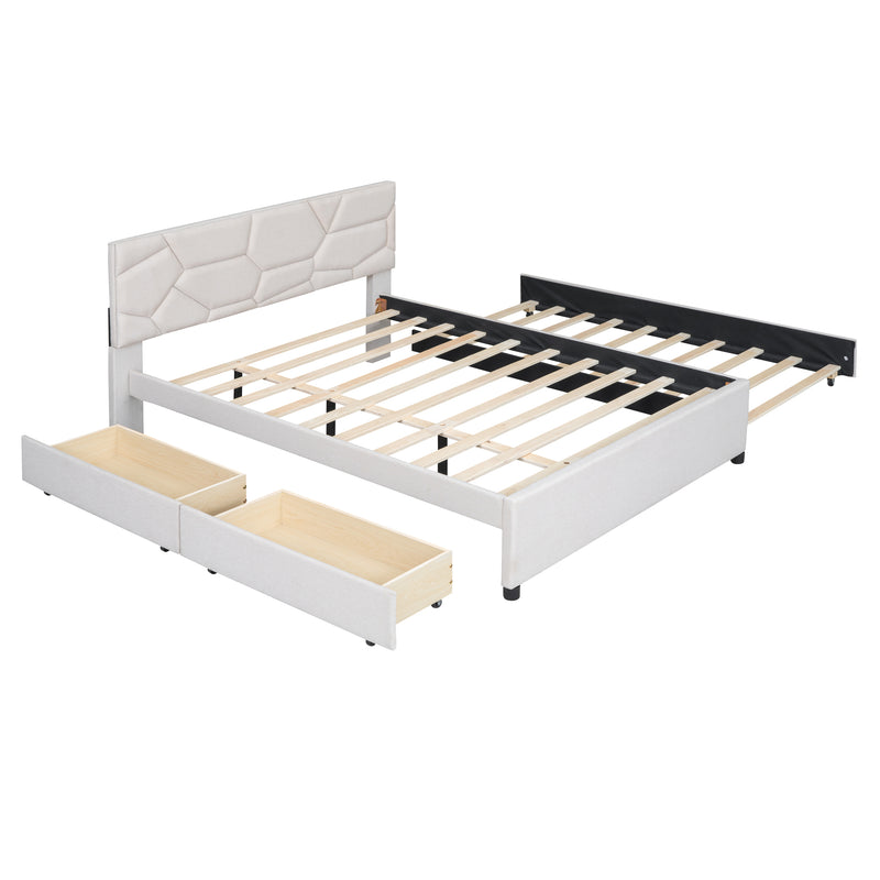 Queen Size Upholstered Platform Bed with Brick Pattern Headboard, with Twin XL Size Trundle and 2 drawers, Linen Fabric, Beige