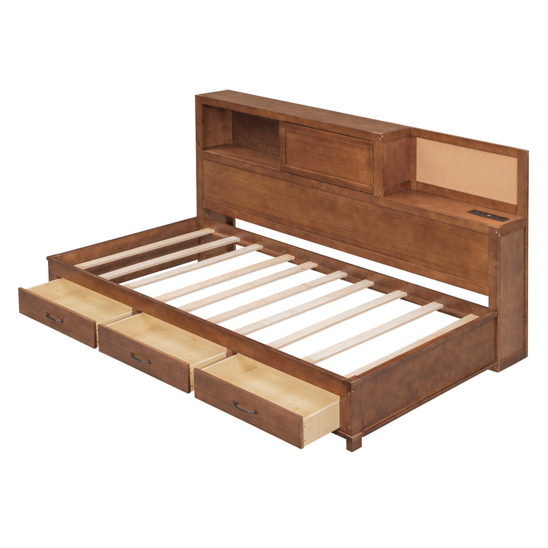 Twin Size Wooden Daybed with 3 Storage Drawers, Upper Soft Board, shelf, and a set of Sockets and USB Ports, Brown