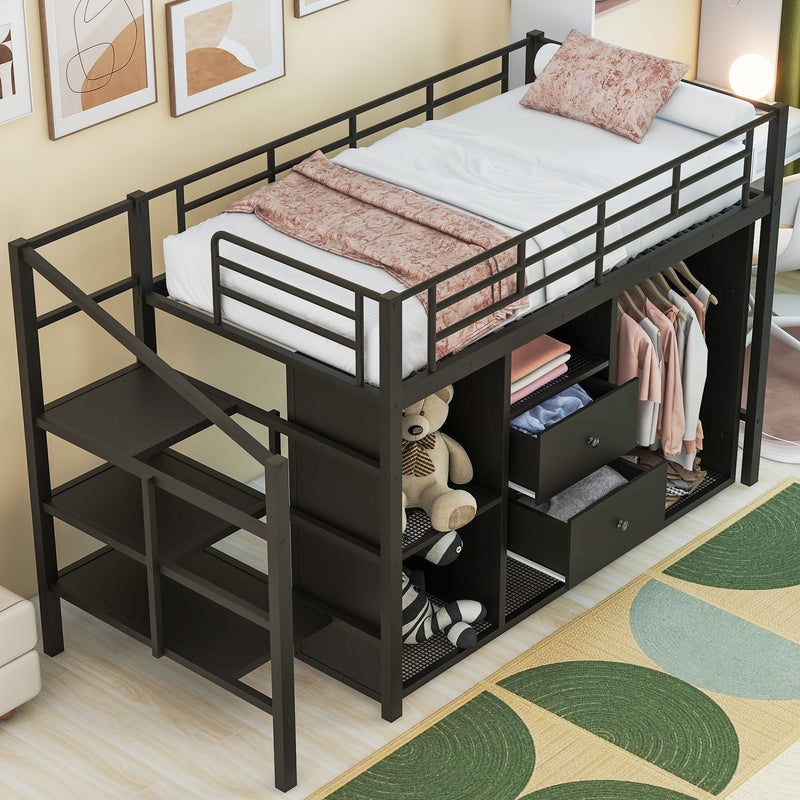 Twin Size Metal Loft Bed with Drawers, Storage Staircase and Small Wardrobe