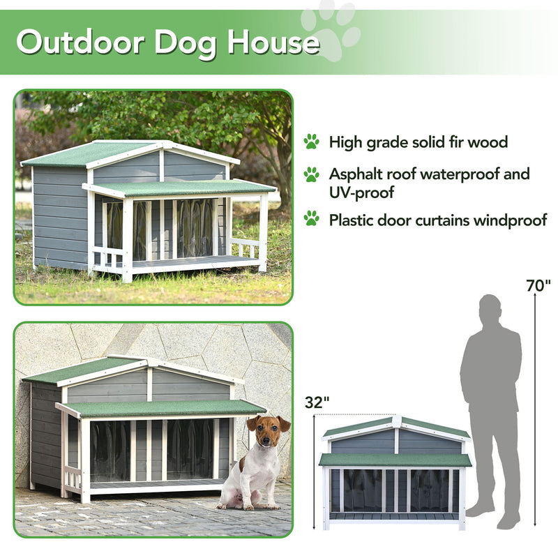 Large Wooden Dog House Outdoor / Indoor Dog Crate, Cabin Style, With Porch, 2 Doors