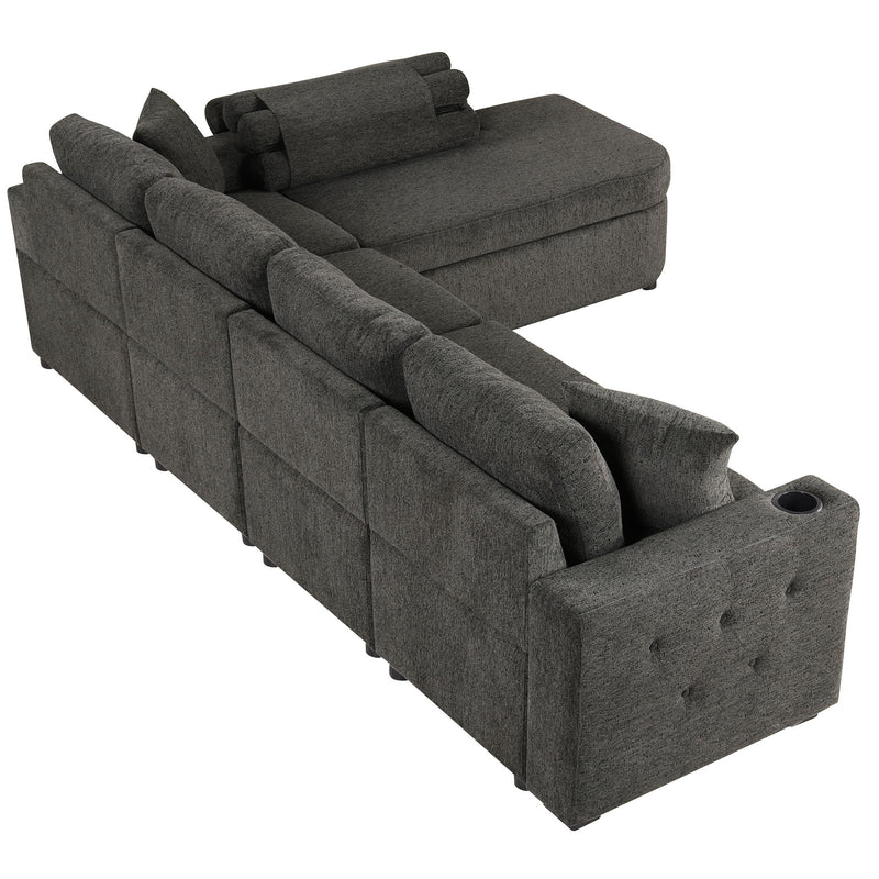 L-Shaped Couch Sectional Sofa With Storage Chaise, Cup Holder And USB Ports For Living Room