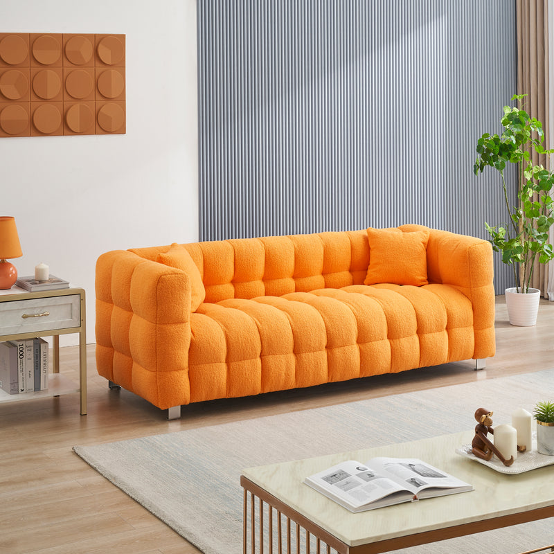 80-Inch Orange Teddy Fleece Sofa for Living Room or Bedroom, Including Two Throw Pillows & Sturdy Hardware Foot Support