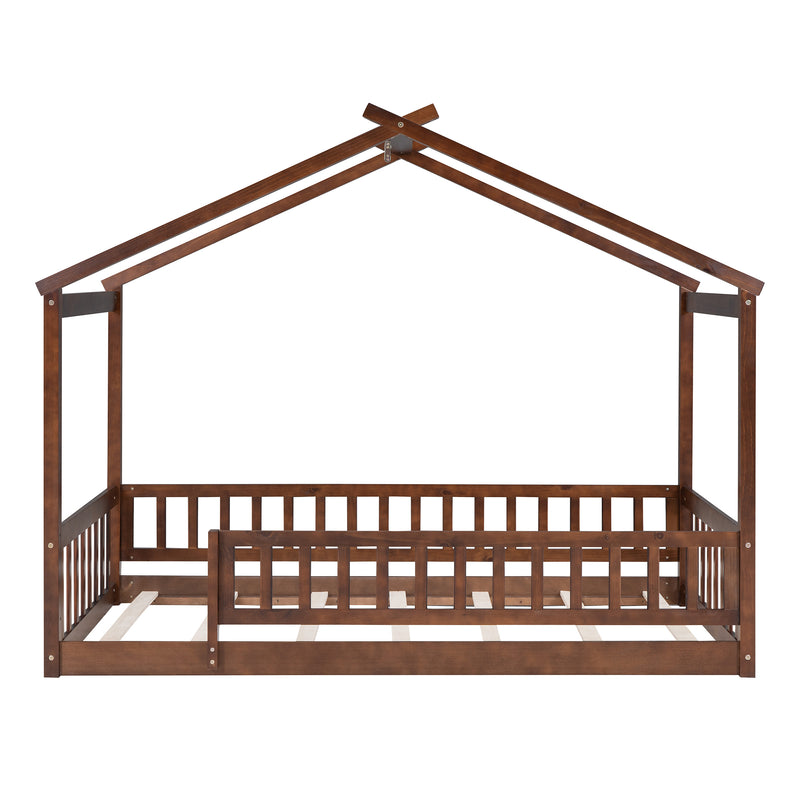 Twin Size Wood Bed House Bed Frame with Fence, for Kids, Teens, Girls, Boys, Walnut